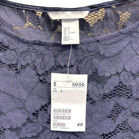 H&M Dark Navy Blue Floral Pleated Lace Dress Size 2 - Picture 11 of 12